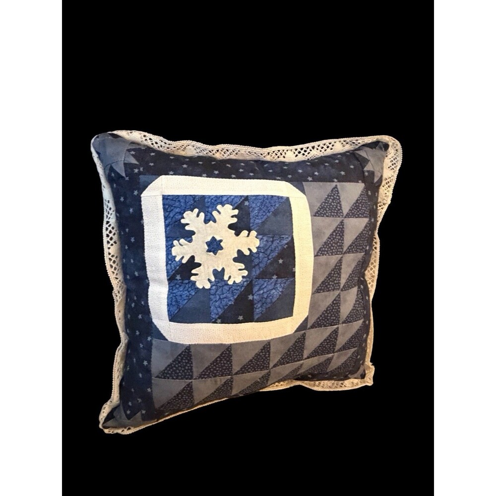 Handmade Winter Holiday Patchwork Pillow blue & white w/ snowflake Appliquรฉ 16โ